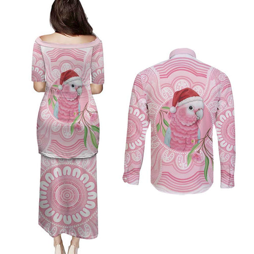 Funny Pink Galah Australia Christmas Couples Matching Puletasi and Long Sleeve Button Shirt Eucalyptus Blossoms Aboriginal Art - Aussie Hoodie