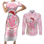 Funny Pink Galah Australia Christmas Couples Matching Short Sleeve Bodycon Dress and Long Sleeve Button Shirt Eucalyptus Blossoms Aboriginal Art - Aussie Hoodie