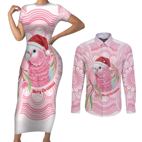 Funny Pink Galah Australia Christmas Couples Matching Short Sleeve Bodycon Dress and Long Sleeve Button Shirt Eucalyptus Blossoms Aboriginal Art - Aussie Hoodie