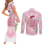 Funny Pink Galah Australia Christmas Couples Matching Short Sleeve Bodycon Dress and Long Sleeve Button Shirt Eucalyptus Blossoms Aboriginal Art - Aussie Hoodie