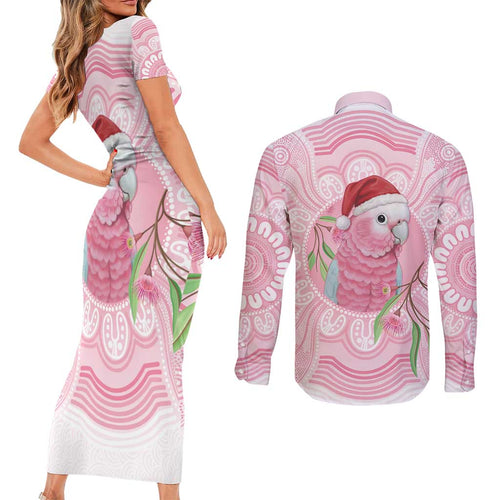 Funny Pink Galah Australia Christmas Couples Matching Short Sleeve Bodycon Dress and Long Sleeve Button Shirt Eucalyptus Blossoms Aboriginal Art - Aussie Hoodie