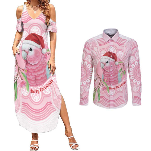 Funny Pink Galah Australia Christmas Couples Matching Summer Maxi Dress and Long Sleeve Button Shirt Eucalyptus Blossoms Aboriginal Art - Aussie Hoodie