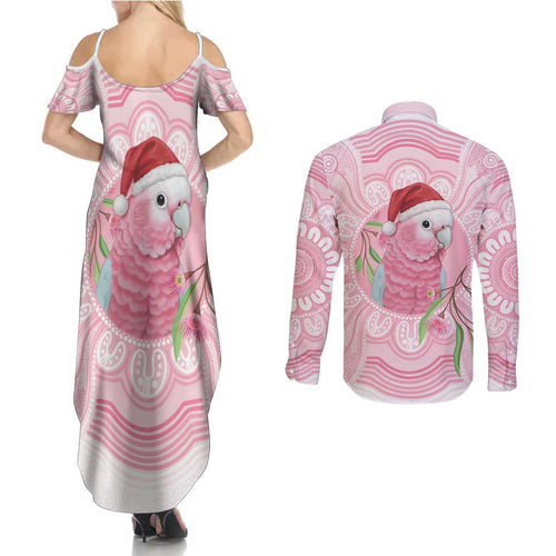 Funny Pink Galah Australia Christmas Couples Matching Summer Maxi Dress and Long Sleeve Button Shirt Eucalyptus Blossoms Aboriginal Art - Aussie Hoodie