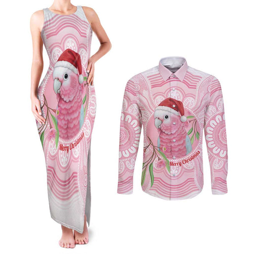 Funny Pink Galah Australia Christmas Couples Matching Tank Maxi Dress and Long Sleeve Button Shirt Eucalyptus Blossoms Aboriginal Art - Aussie Hoodie