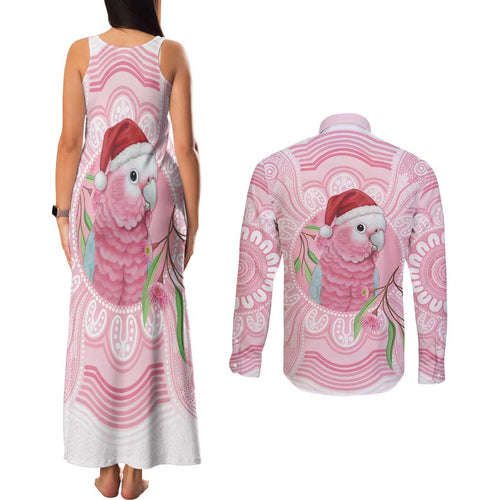 Funny Pink Galah Australia Christmas Couples Matching Tank Maxi Dress and Long Sleeve Button Shirt Eucalyptus Blossoms Aboriginal Art - Aussie Hoodie