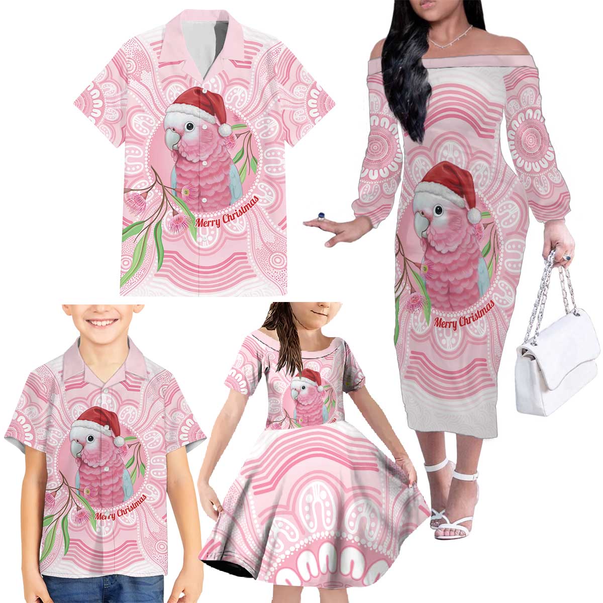 Funny Pink Galah Australia Christmas Family Matching Off The Shoulder Long Sleeve Dress and Hawaiian Shirt Eucalyptus Blossoms Aboriginal Art - Aussie Hoodie
