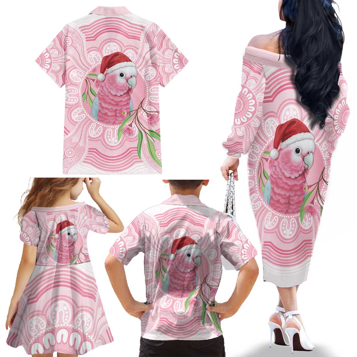 Funny Pink Galah Australia Christmas Family Matching Off The Shoulder Long Sleeve Dress and Hawaiian Shirt Eucalyptus Blossoms Aboriginal Art - Aussie Hoodie