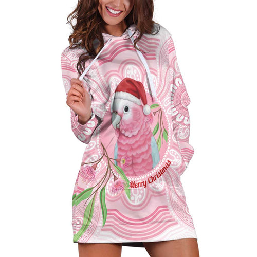 Funny Pink Galah Australia Christmas Hoodie Dress Eucalyptus Blossoms Aboriginal Art - Aussie Hoodie
