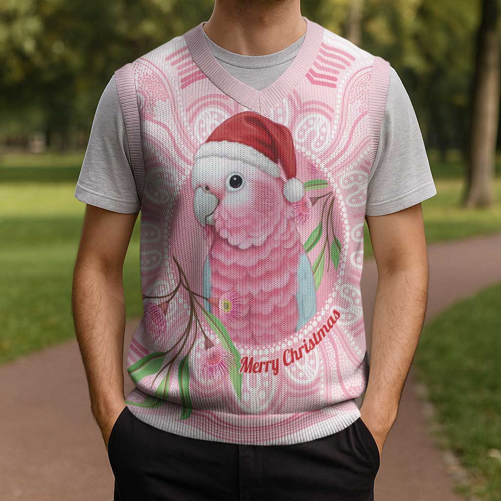 Funny Pink Galah Australia Christmas Knitted V-Neck Vest Eucalyptus Blossoms Aboriginal Art - Aussie Hoodie