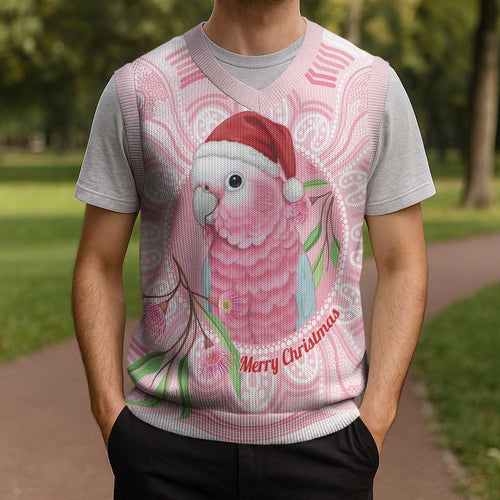 Funny Pink Galah Australia Christmas Knitted V-Neck Vest Eucalyptus Blossoms Aboriginal Art - Aussie Hoodie