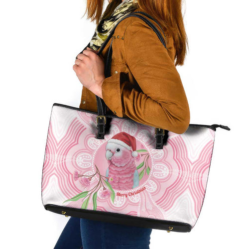 Funny Pink Galah Australia Christmas Leather Tote Bag Eucalyptus Blossoms Aboriginal Art - Aussie Hoodie