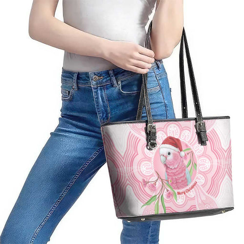 Funny Pink Galah Australia Christmas Leather Tote Bag Eucalyptus Blossoms Aboriginal Art - Aussie Hoodie