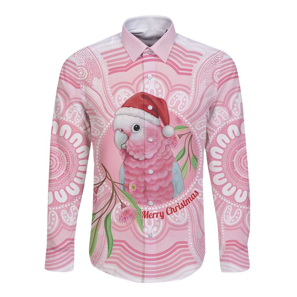 Funny Pink Galah Australia Christmas Long Sleeve Button Shirt Eucalyptus Blossoms Aboriginal Art - Aussie Hoodie