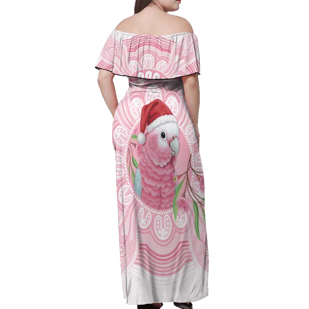 Funny Pink Galah Australia Christmas Off Shoulder Maxi Dress Eucalyptus Blossoms Aboriginal Art - Aussie Hoodie