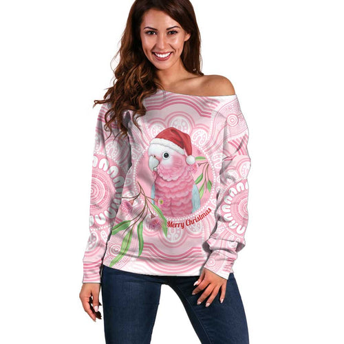 Funny Pink Galah Australia Christmas Off Shoulder Sweater Eucalyptus Blossoms Aboriginal Art - Aussie Hoodie