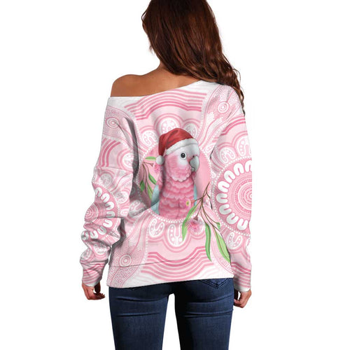 Funny Pink Galah Australia Christmas Off Shoulder Sweater Eucalyptus Blossoms Aboriginal Art - Aussie Hoodie