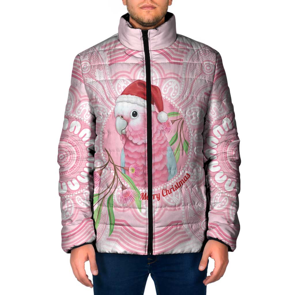 Funny Pink Galah Australia Christmas Padded Jacket Eucalyptus Blossoms Aboriginal Art - Aussie Hoodie