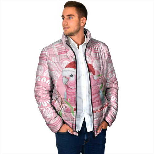 Funny Pink Galah Australia Christmas Padded Jacket Eucalyptus Blossoms Aboriginal Art - Aussie Hoodie