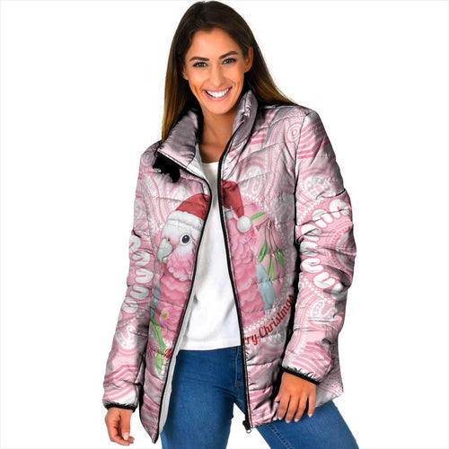Funny Pink Galah Australia Christmas Padded Jacket Eucalyptus Blossoms Aboriginal Art - Aussie Hoodie