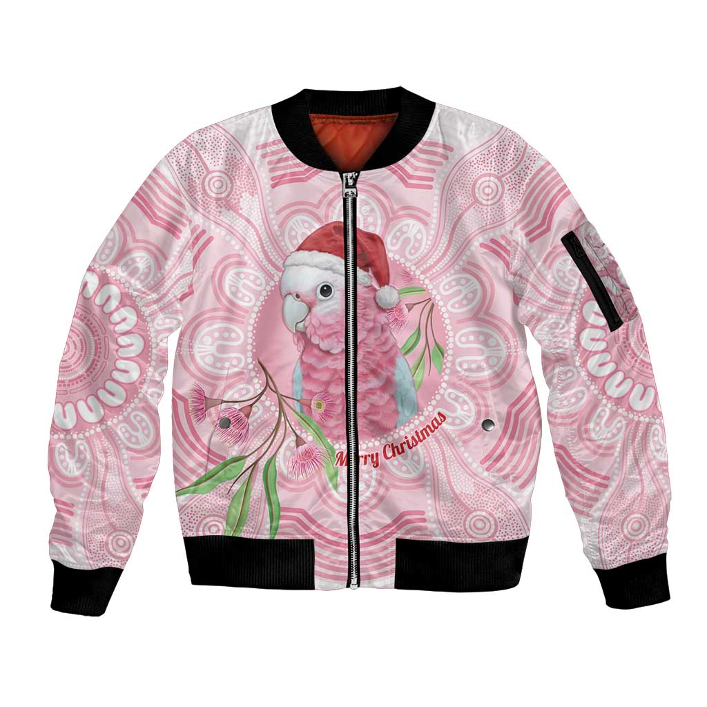 Funny Pink Galah Australia Christmas Sleeve Zip Bomber Jacket Eucalyptus Blossoms Aboriginal Art - Aussie Hoodie