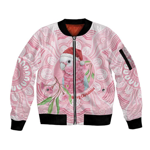 Funny Pink Galah Australia Christmas Sleeve Zip Bomber Jacket Eucalyptus Blossoms Aboriginal Art - Aussie Hoodie