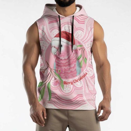 Funny Pink Galah Australia Christmas Sleeveless Hoodie Eucalyptus Blossoms Aboriginal Art - Aussie Hoodie