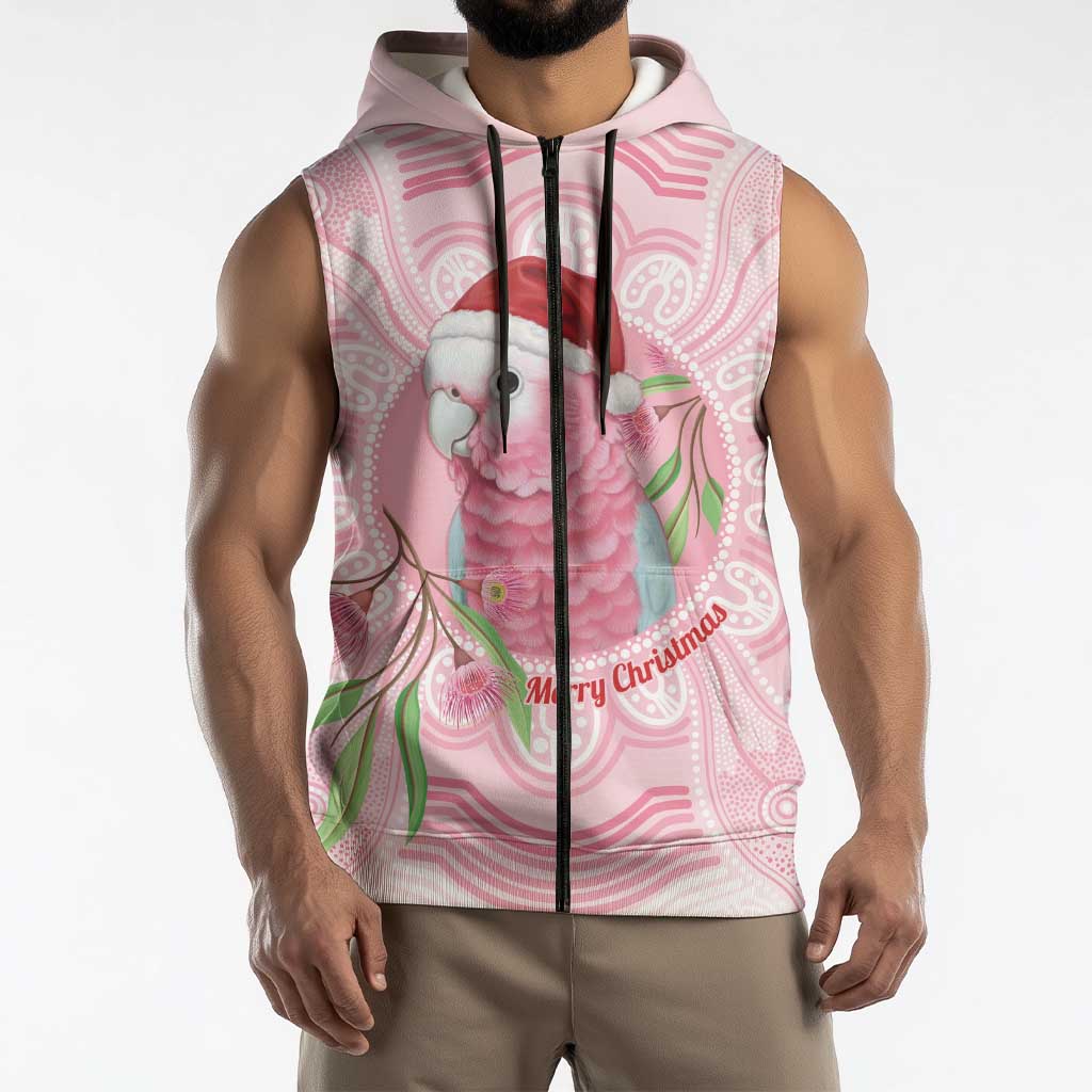 Funny Pink Galah Australia Christmas Sleeveless Zip Hoodie Eucalyptus Blossoms Aboriginal Art LT14