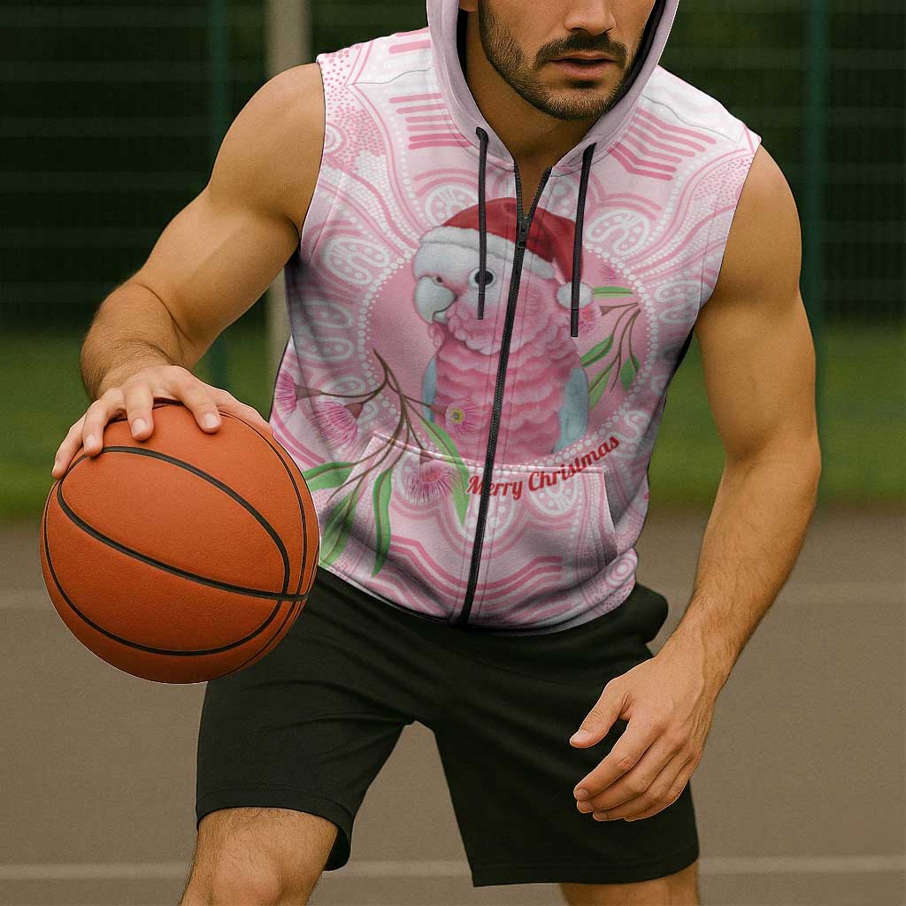 Funny Pink Galah Australia Christmas Sleeveless Zip Hoodie Eucalyptus Blossoms Aboriginal Art LT14