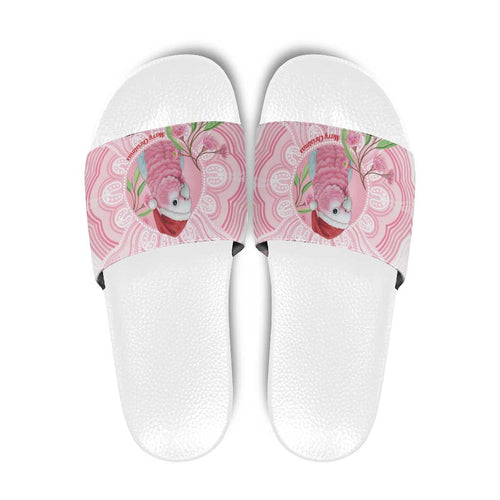 Funny Pink Galah Australia Christmas Slide Sandals Eucalyptus Blossoms Aboriginal Art - Aussie Hoodie