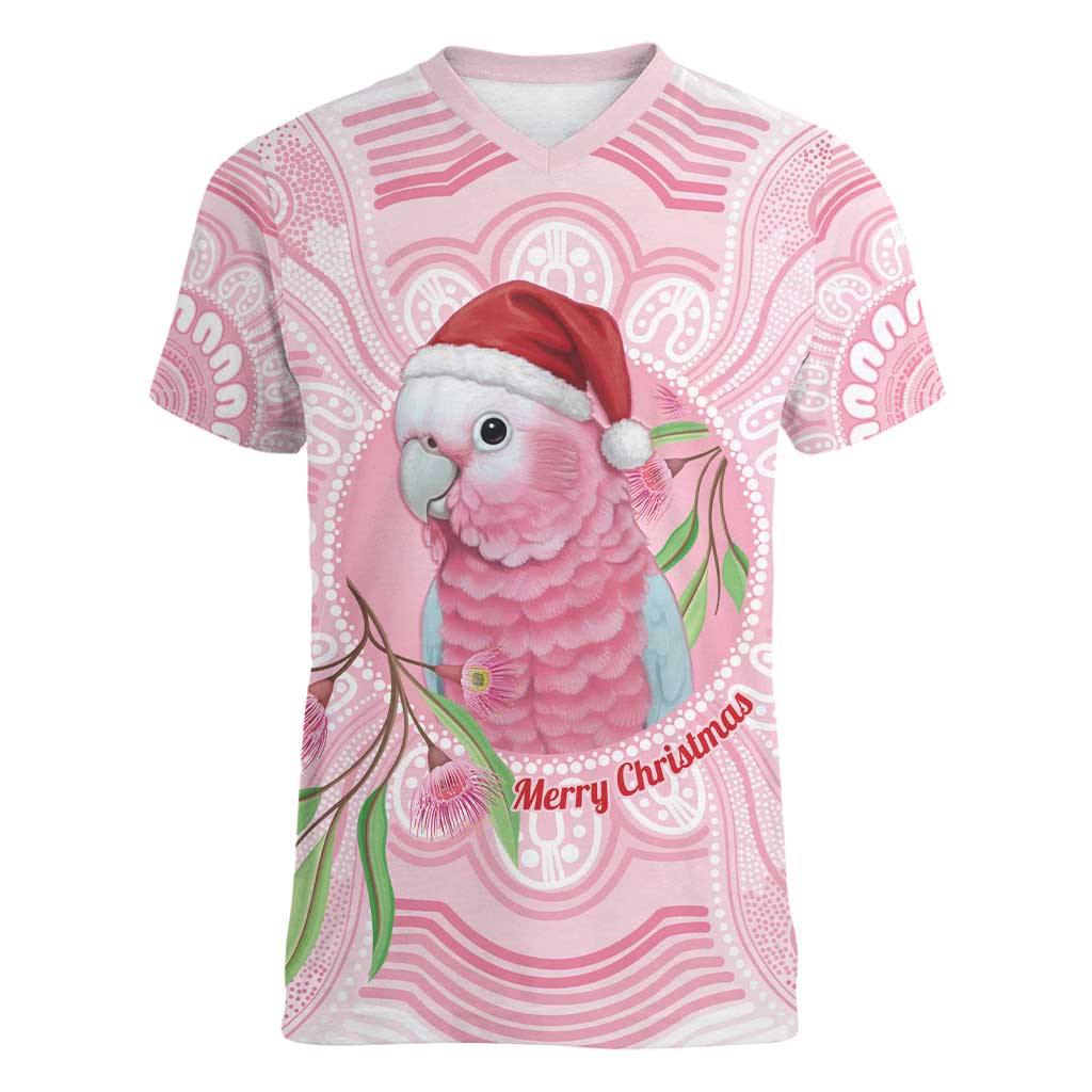 Funny Pink Galah Australia Christmas Women V-Neck T-Shirt Eucalyptus Blossoms Aboriginal Art - Aussie Hoodie