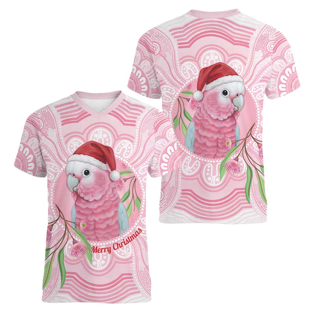 Funny Pink Galah Australia Christmas Women V-Neck T-Shirt Eucalyptus Blossoms Aboriginal Art - Aussie Hoodie