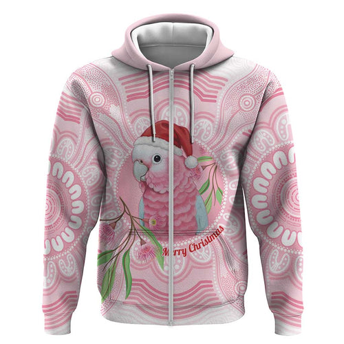 Funny Pink Galah Australia Christmas Zip Hoodie Eucalyptus Blossoms Aboriginal Art - Aussie Hoodie