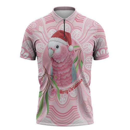 Funny Pink Galah Australia Christmas Zipper Polo Shirt Eucalyptus Blossoms Aboriginal Art - Aussie Hoodie