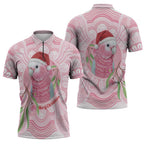 Funny Pink Galah Australia Christmas Zipper Polo Shirt Eucalyptus Blossoms Aboriginal Art - Aussie Hoodie