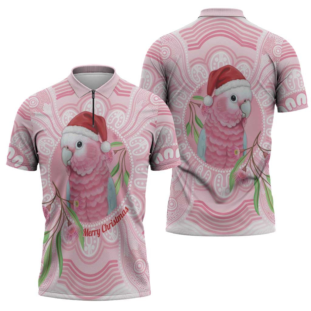 Funny Pink Galah Australia Christmas Zipper Polo Shirt Eucalyptus Blossoms Aboriginal Art - Aussie Hoodie