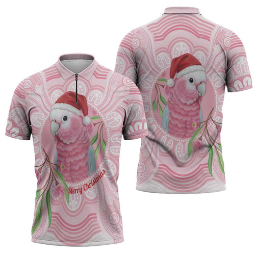 Funny Pink Galah Australia Christmas Zipper Polo Shirt Eucalyptus Blossoms Aboriginal Art - Aussie Hoodie