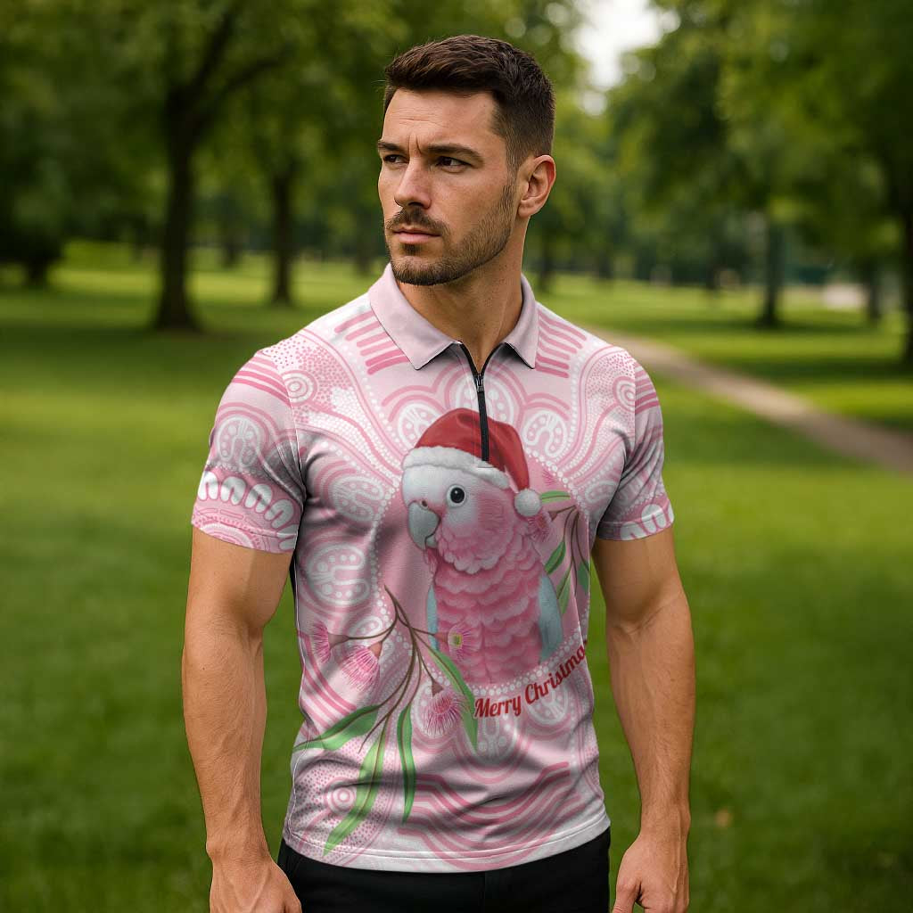 Funny Pink Galah Australia Christmas Zipper Polo Shirt Eucalyptus Blossoms Aboriginal Art - Aussie Hoodie