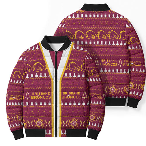 Brisbane Broncos Rugby Christmas Bomber Puffer Jacket Aboriginal Seamless Cardigan Inspired