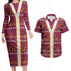 Brisbane Broncos Rugby Christmas Couples Matching Long Sleeve Bodycon Dress and Hawaiian Shirt Aboriginal Seamless Cardigan Inspired
