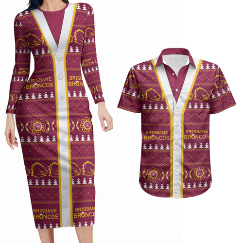 Brisbane Broncos Rugby Christmas Couples Matching Long Sleeve Bodycon Dress and Hawaiian Shirt Aboriginal Seamless Cardigan Inspired