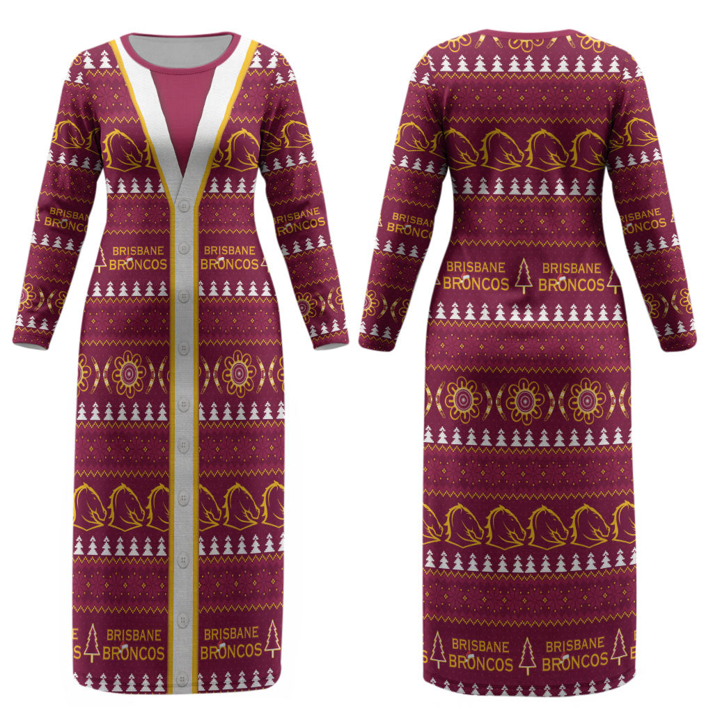 Brisbane Broncos Rugby Christmas Couples Matching Long Sleeve Bodycon Dress and Hawaiian Shirt Aboriginal Seamless Cardigan Inspired