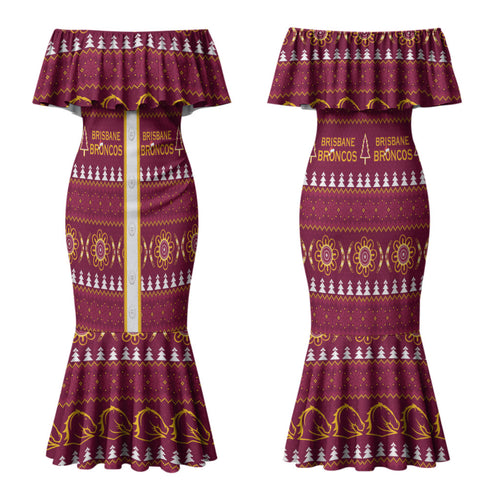 Brisbane Broncos Rugby Christmas Couples Matching Mermaid Dress and Hawaiian Shirt Aboriginal Seamless Cardigan Inspired