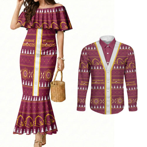 Brisbane Broncos Rugby Christmas Couples Matching Mermaid Dress and Long Sleeve Button Shirt Aboriginal Seamless Cardigan Inspired