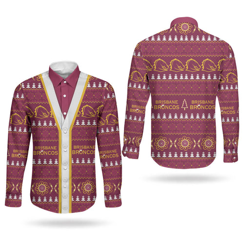 Brisbane Broncos Rugby Christmas Couples Matching Mermaid Dress and Long Sleeve Button Shirt Aboriginal Seamless Cardigan Inspired