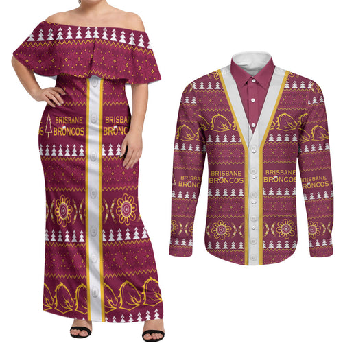 Brisbane Broncos Rugby Christmas Couples Matching Off Shoulder Maxi Dress and Long Sleeve Button Shirt Aboriginal Seamless Cardigan Inspired