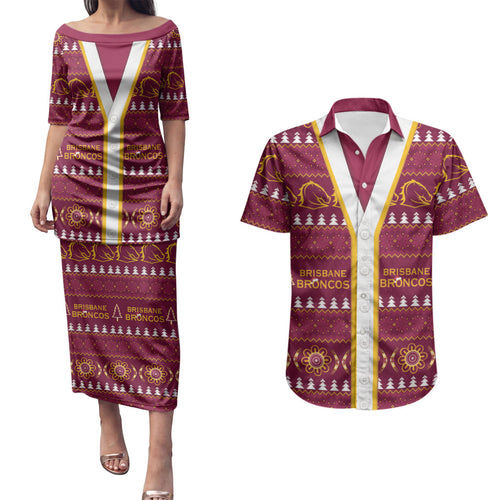 Brisbane Broncos Rugby Christmas Couples Matching Puletasi and Hawaiian Shirt Aboriginal Seamless Cardigan Inspired