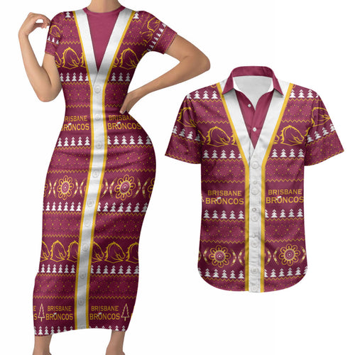 Brisbane Broncos Rugby Christmas Couples Matching Short Sleeve Bodycon Dress and Hawaiian Shirt Aboriginal Seamless Cardigan Inspired