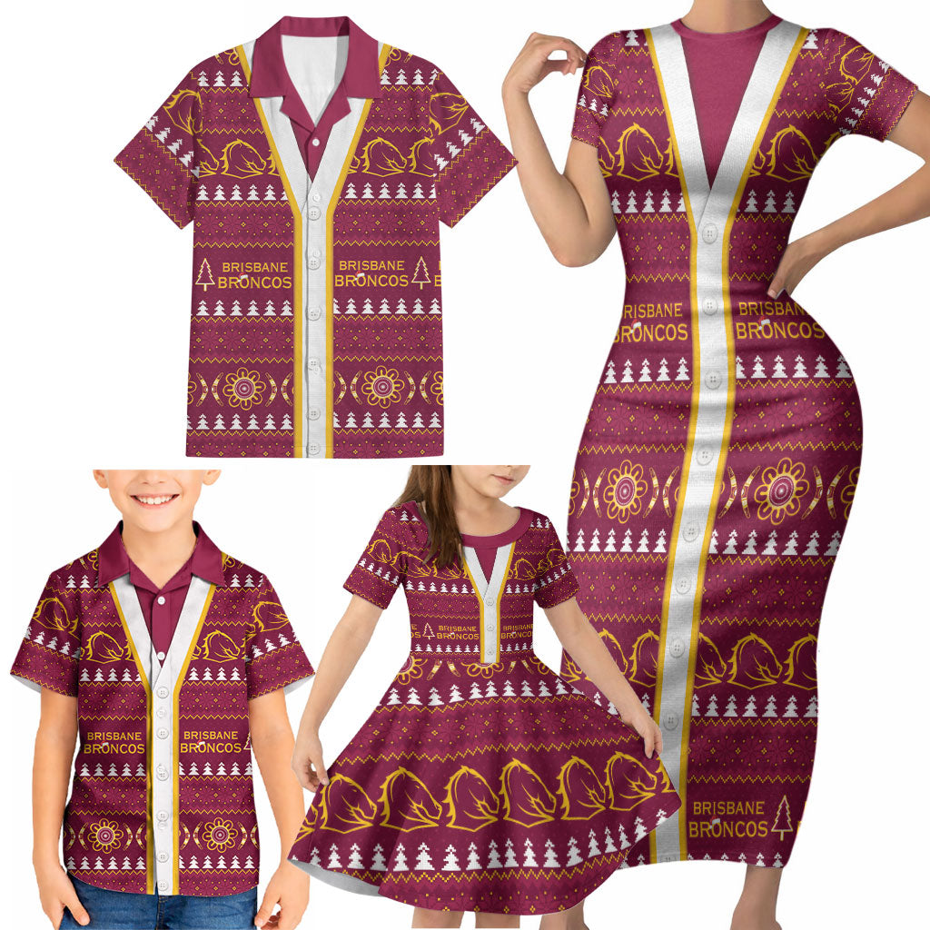 Brisbane Broncos Rugby Christmas Family Matching Short Sleeve Bodycon Dress and Hawaiian Shirt Aboriginal Seamless Cardigan Inspired
