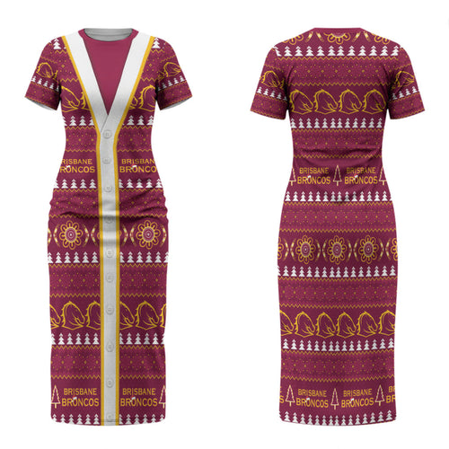 Brisbane Broncos Rugby Christmas Family Matching Short Sleeve Bodycon Dress and Hawaiian Shirt Aboriginal Seamless Cardigan Inspired