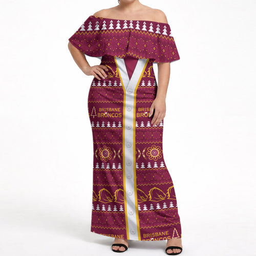 Brisbane Broncos Rugby Christmas Off Shoulder Maxi Dress Aboriginal Seamless Cardigan Inspired